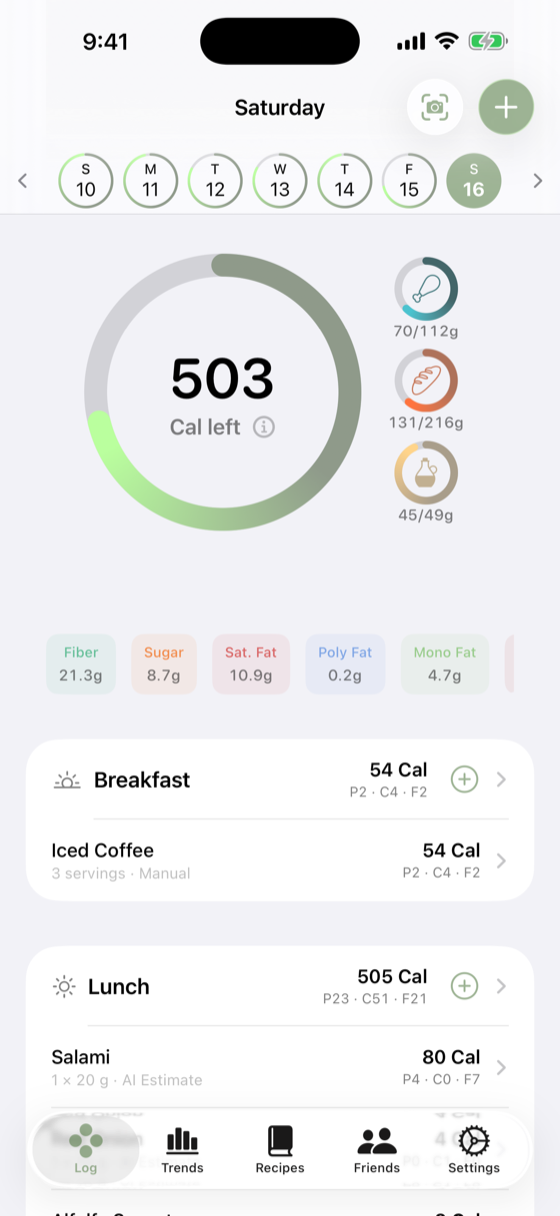 Tab today view showing calorie ring and macro rings
