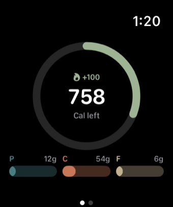 Tab on Apple Watch showing calorie ring and macros